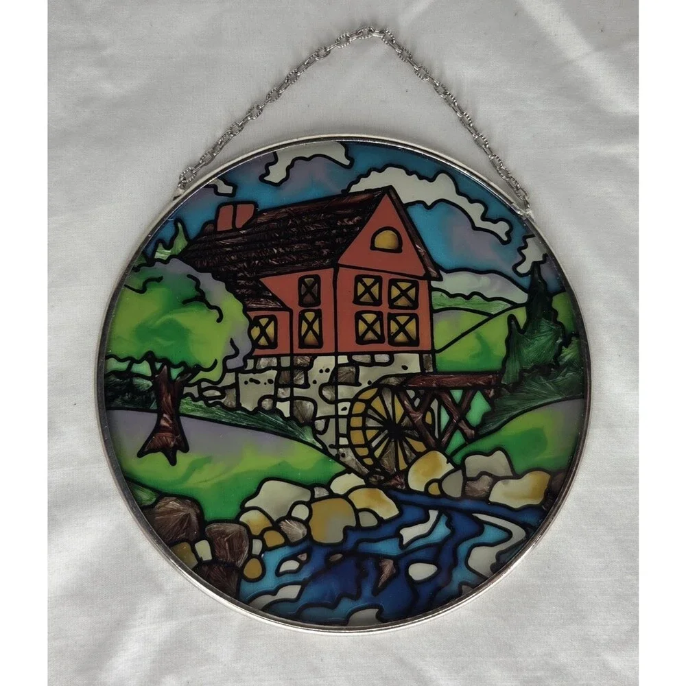Vtg Handmade Stained Glass Sun Catcher Old Mill Water Wheel Tree 4.5